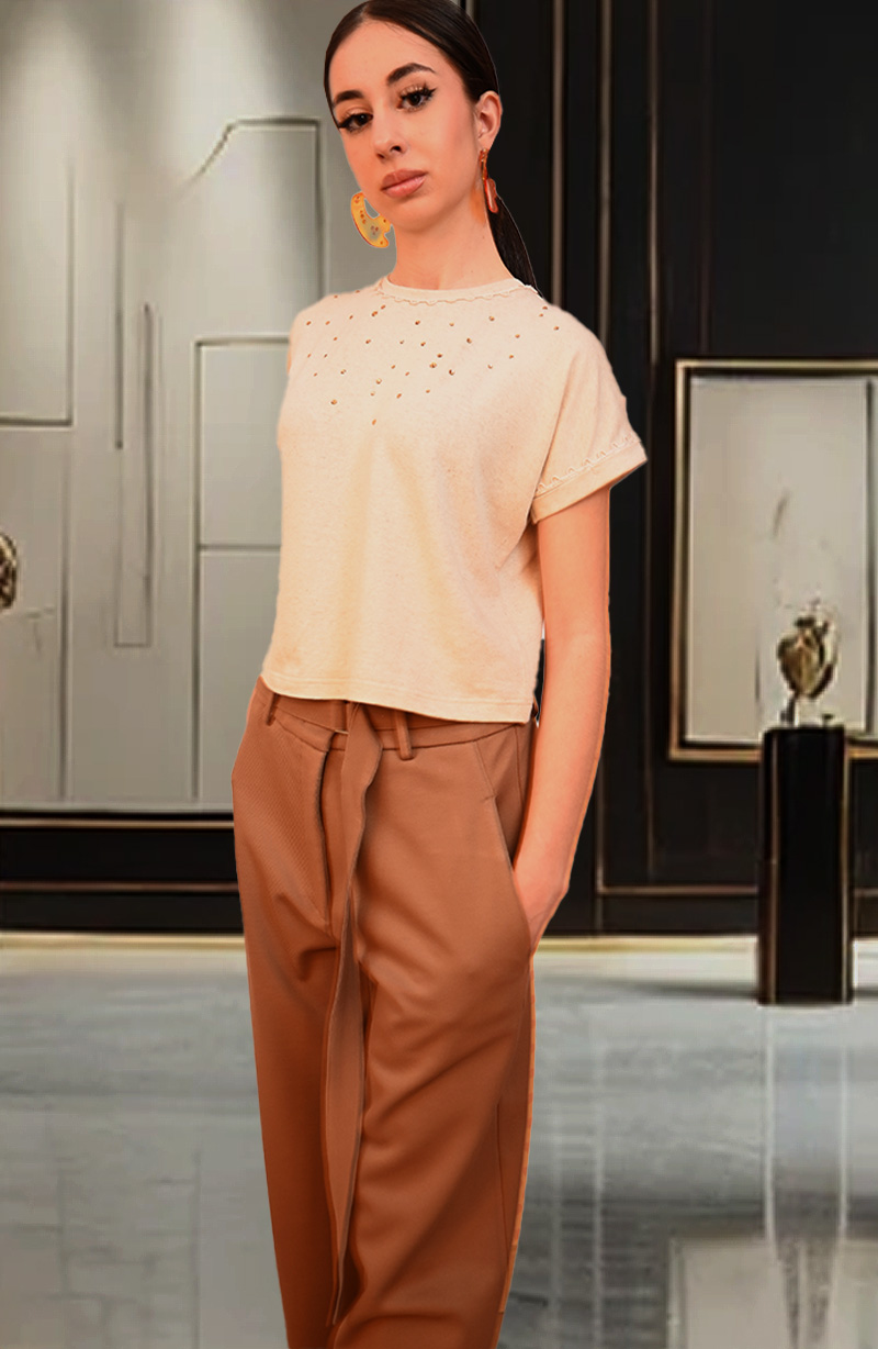 Ecru Blouse with Embellished Stones and Lace Trim